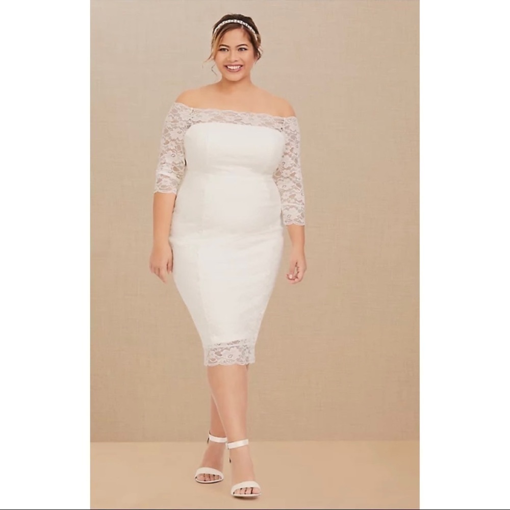 NWT TORRID Ivory Off the Shoulder 3/4 Sleeve Lace Bodycon Midi Wedding Dress